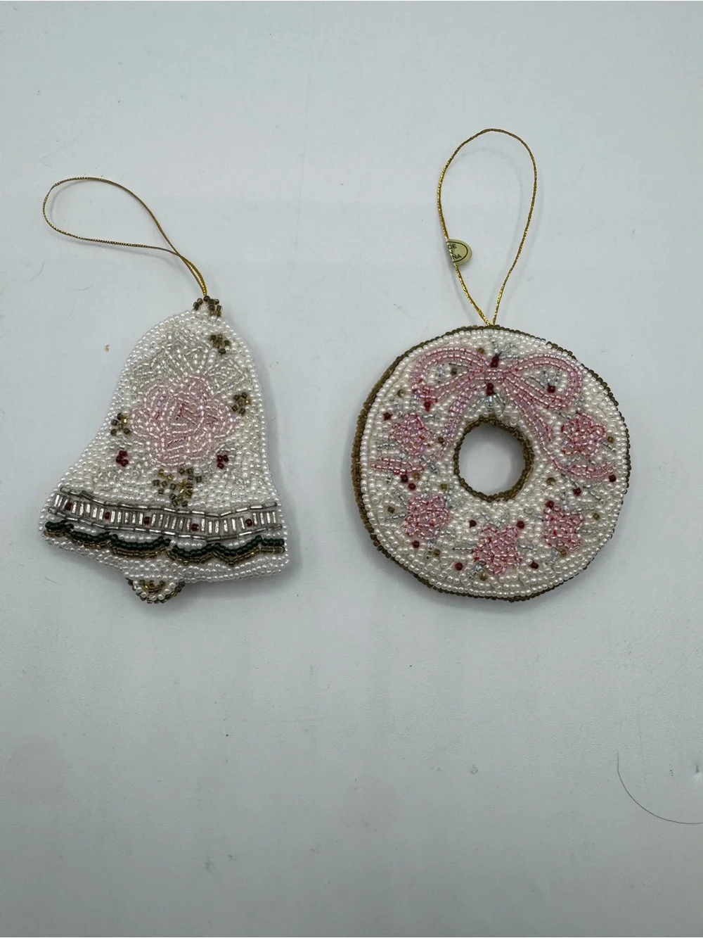 2 VTG Hand Beaded Embroidered Christmas Holiday Ornaments Bell Wreath